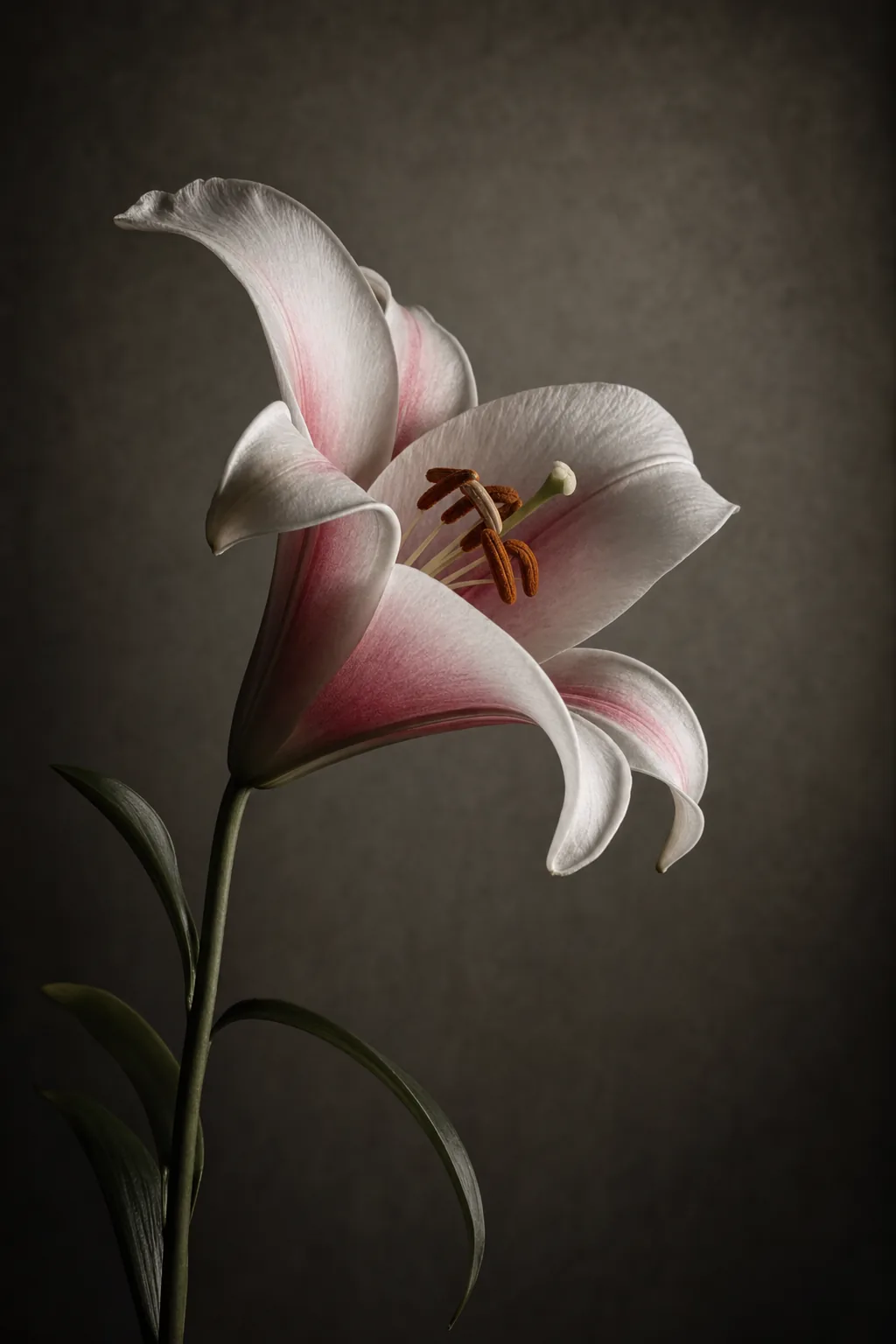A pair of oriental lily stems with open blooms in soft light.